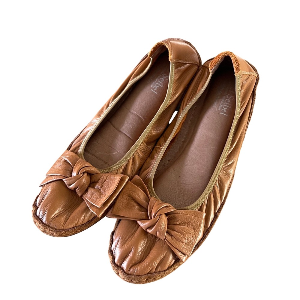 Josef Seibel Ballet Flats Womens 41 Tan Leather Bow Double Air Reaction Comfort